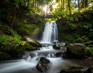 Obraz premium Serene waterfall cascading into a mossy pool, with bridge overhead, sunlit
