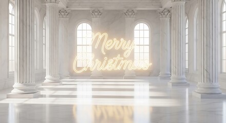 Elegant marble hall illuminated with a festive merry christmas neon sign creating a bright and luxurious holiday atmosphere for seasonal greetings and celebrations