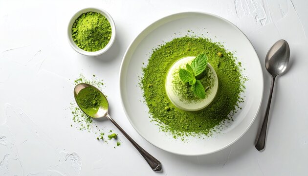 Delicious matcha green tea panna cotta dessert with mint garnish on a white plate top view.