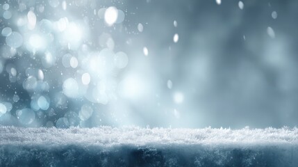 A serene winter scene featuring soft snowflakes gently falling against a blurred, icy blue background, blurred silver background