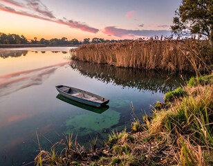 Serene sunrise over calm waters with a boat and lakeside reeds