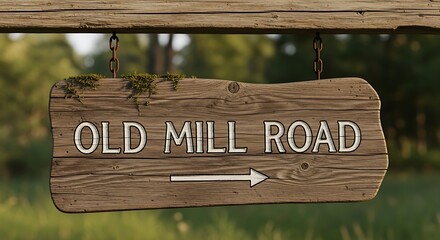 Rustic wooden sign pointing the way to Old Mill Road with an arrow in a natural outdoor setting perfect for travel and directional themes and designs