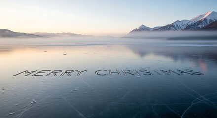 Merry christmas message written on a frozen lake with mountains and fog in the background at sunrise creating a serene winter holiday scene