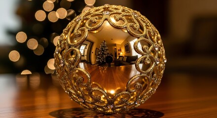 Ornate golden christmas ornament reflecting a decorated tree and cozy living room interior on a wooden surface creating a festive holiday atmosphere at home