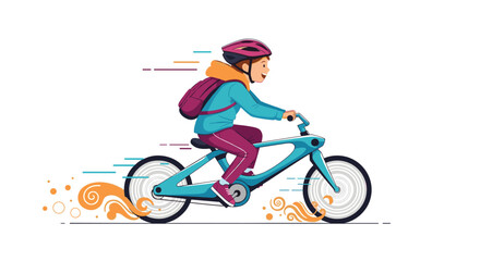 Fototapeta premium Enthusiastic child with helmet and backpack rides a modern bicycle quickly, shown with dynamic speed effects.