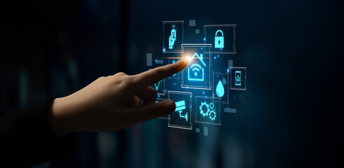 Concept of a smart home and the Internet of Things (IoT). A central system controls home automation features like security, lighting, and climate for modern, convenient living. Fermion