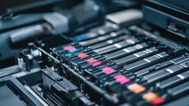Technician replacing ink cartridges while resolving a copier jam highlighting the integration of ink system maintenance during fixes.