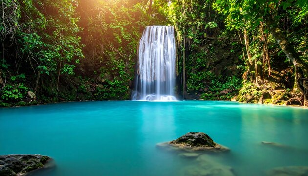 Serene waterfall cascading into a vibrant turquoise pool surrounded by foliage