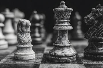 Fototapeta premium White and black pieces on chess board