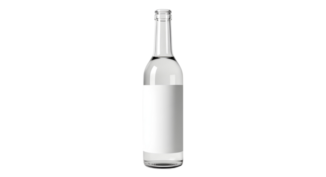 Glass bottle with clear liquid and blank label isolated on white background