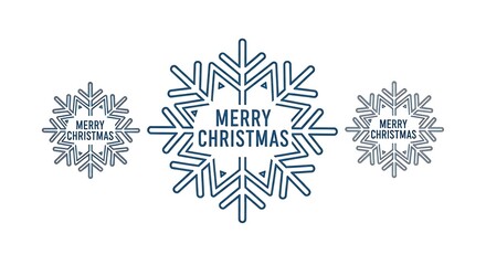 Three stylized snowflakes with merry christmas text on a white background for holiday designs and winter season greetings and decorations