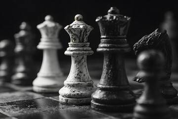 Fototapeta premium White and black pieces on chess board