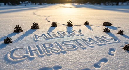 Merry christmas written in snow with pine cones around it creating a festive winter scene perfect for holiday greetings and seasonal backgrounds