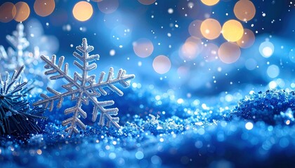 Close-up of a glittering snowflake on a snowy surface under soft golden lights. A dreamy winter macro capturing the sparkle of frost and festive magic.