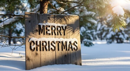 Merry christmas wooden sign covered in snow hanging from a pine tree branch in a serene winter landscape with sunlight creating a festive atmosphere