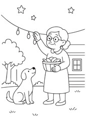 coloring book elderly woman hanging lights with basket and dog