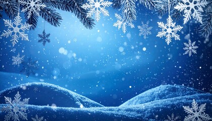Peaceful snowy landscape in cool blue tones with delicate snowflakes drifting through the air. A calm and magical winter backdrop that evokes serenity and seasonal beauty.