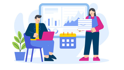 Business People Preparing Annual Report Flat Vector Illustration