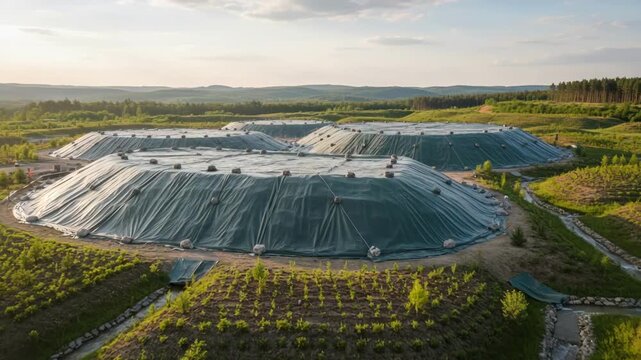 Medium shot of covered waste piles surrounded by vegetation restoration efforts highlighting harm reduction in mining waste management.