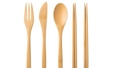 Wooden cutlery set on white background including fork, knife, spoon and chopsticks