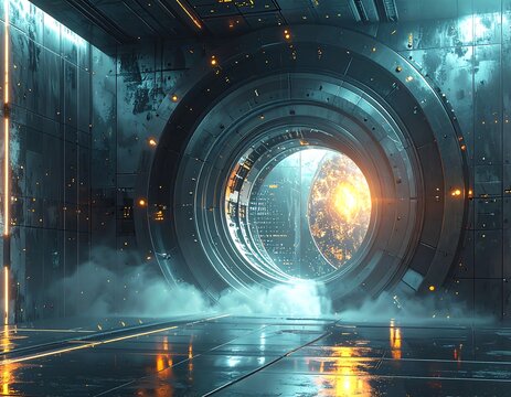 Futuristic portal gateway with energy, fog, and industrial structure