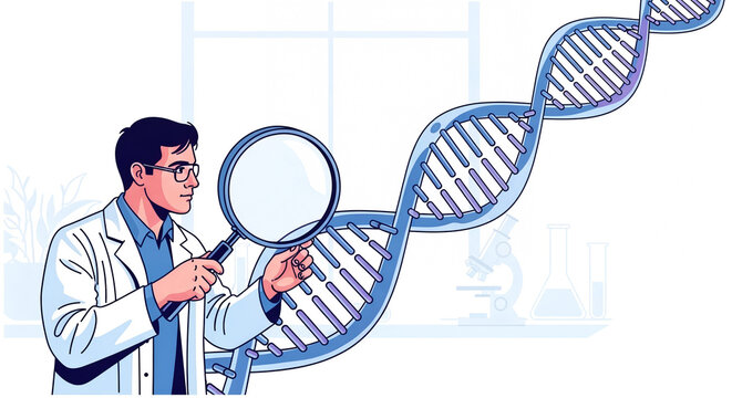 Genetic Research and DNA Analysis - Scientist Examining Helix Structure with Magnifying Glass