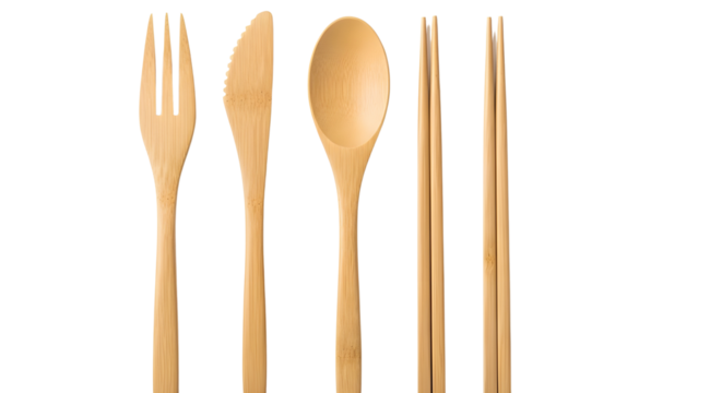 Wooden cutlery set on white background including fork, knife, spoon and chopsticks