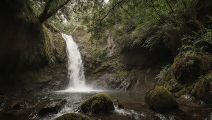 Naklejka premium Waterfall cascades into a mossy pool surrounded by lush green foliage and shaded by trees