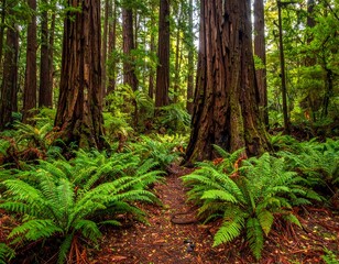 Serene trail through dense, towering evergreen forest with vibrant ferns