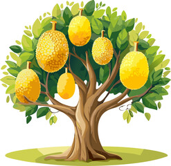 Educational Poster Element: Displaying the Tree and the Cross-Section of the Fruit, Used for Classroom Materials to Illustrate Plant Structure and Culinary Preparation of Jackfruit.