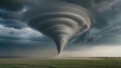 Cinematic tornado forming in open grassy field, rotating funnel cloud. - Powered by Adobe