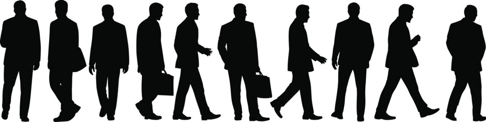 Silhouettes of businessmen walking with briefcases, office professionals in motion, teamwork, corporate lifestyle, success concept, reflection vector illustration