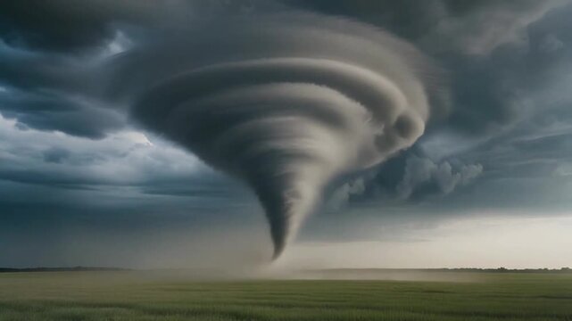 Cinematic tornado forming in open grassy field, rotating funnel cloud.