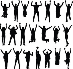 Silhouettes of happy people jumping and celebrating, energetic poses, diverse men and women, excitement and success concept illustration