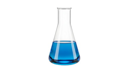 Erlenmeyer flask containing blue liquid on white background