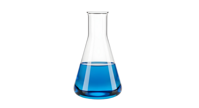 Erlenmeyer flask containing blue liquid on white background