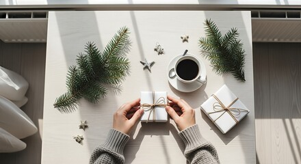 Hands wrapping Christmas gifts with festive decorations and coffee.