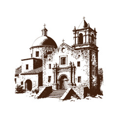  Vintage Mission Church Engraving – Historic Architecture Illustration
