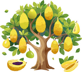 Sustainable Agriculture Graphic: Digital Drawing of an Abundant Tropical Fruit Tree, Emphasizing Food Security, Plant Diversity, and Responsible Farming Practices for a Global Audience.