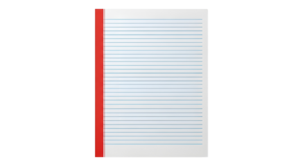 Lined paper notebook with red spine isolated on white background