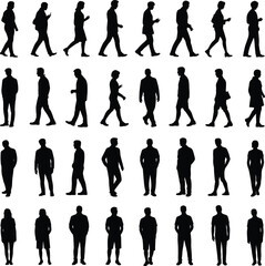 Silhouettes of walking and standing people, business professionals, casual poses, communication and motion concept, lifestyle and teamwork illustration