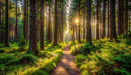 Obraz premium Sunlight streaming through tall pine trees illuminating a mossy forest path during a golden hour sunset creating a serene and enchanting atmosphere with dappled light on the forest floor