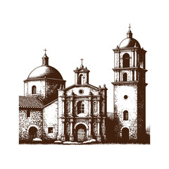  Vintage Mission Church Engraving – Historic Architecture Illustration