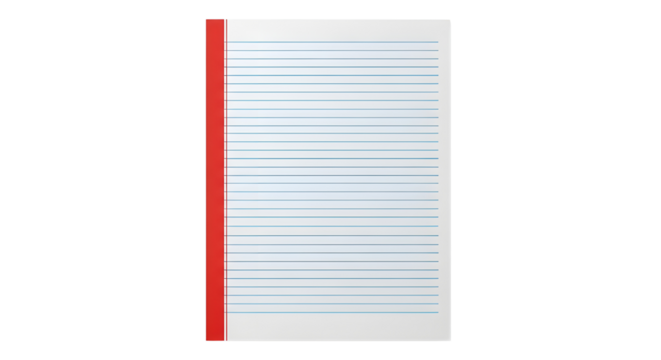 Lined paper notebook with red spine isolated on white background