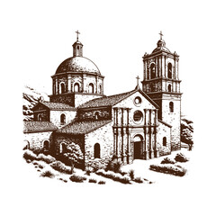 Vintage Mission Church Engraving – Historic Architecture Illustration