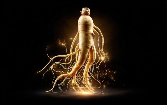 Dramatic Studio Shot of a Whole Premium Ginseng Root with Glowing Accents on Black Background Showing Depth and Texture