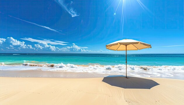 Bright sunny day at the tropical beach with a closed beige umbrella standing on wet yellow sand and turquoise ocean waves gently rolling in under a clear blue sky with wispy clouds and sun glare - Powered by Adobe