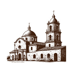  Vintage Mission Church Engraving – Historic Architecture Illustration