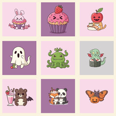 Obraz premium Collection of Adorable Cartoon Characters and Sweet Treats.