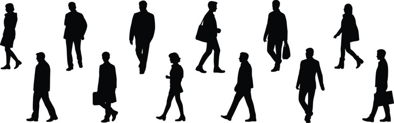 Walking people silhouettes, business crowd, city commuters, urban lifestyle, daily routine, teamwork concept, office workers, professional movement, corporate illustration, modern life